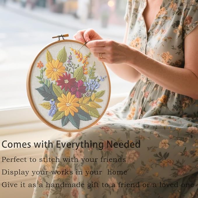 FONNUY Floral Embroidery Kit for Beginners, Colorful Flowers Pre-Stamped Pattern Kits for Adults with Hoop, Thread Needlework, 8'' Hoop (Zinnia)