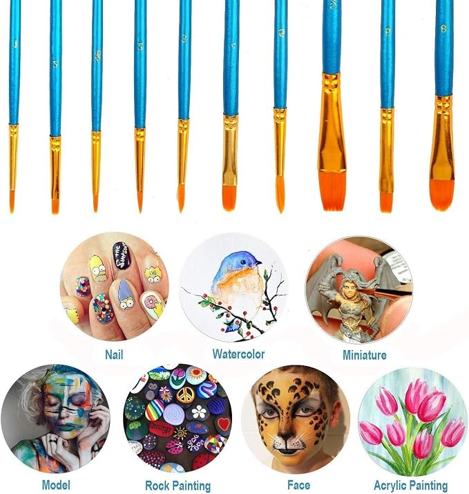 Soucolor 40-Pc Paint Brushes, Round Tip, Acrylic Oil Watercolor, Blue | 40pcs, 10 sizes, soft nylon bristles, nickel ferrules, blue wood handles — ideal for acrylic, oil, face, nail & rock art.