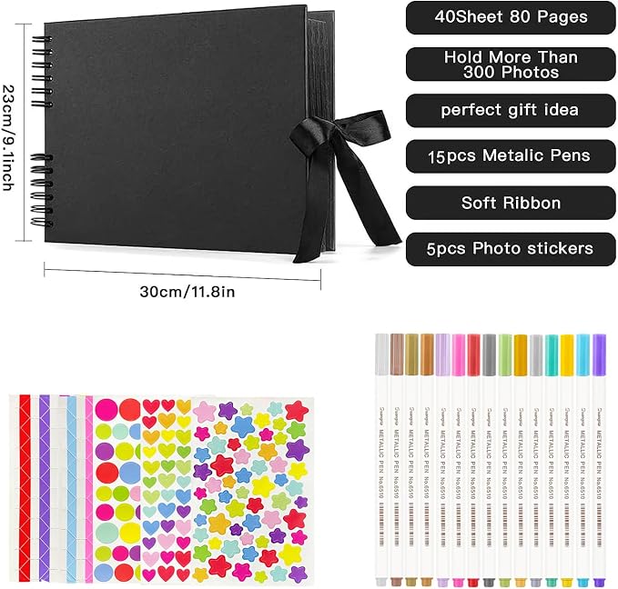 EVNEED 11.5 x 8.5 Inch Scrapbook Photo Album,Wedding Guest Book Anniversary Memory Scrapbooking,Wedding Photo Album with DIY Accessories Kit for Craft Paper DIY,80 Pages (40 Sheets),Black