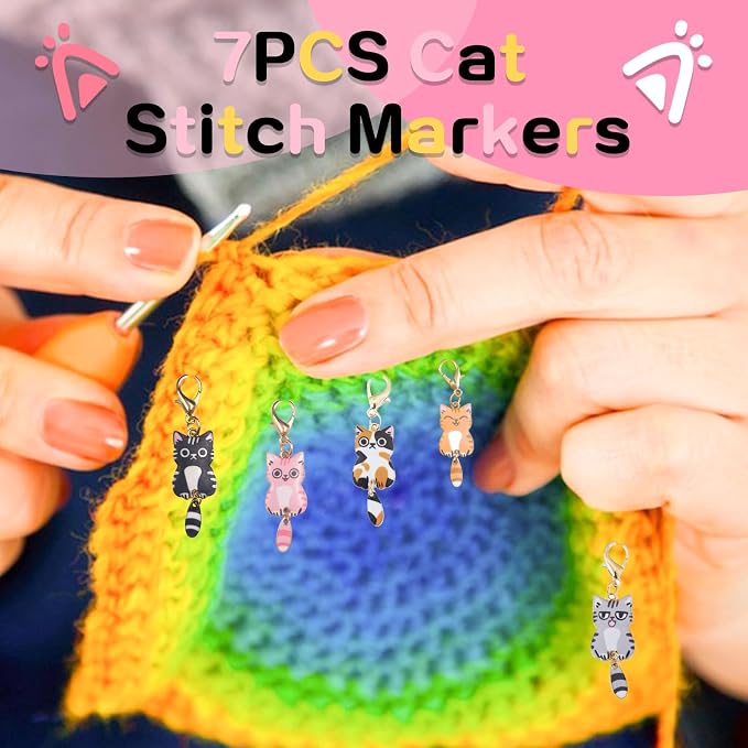 4PCS Adorable Crochet Rings with 7PCS Cat Stitch Markers and 20PCS Stitch Needle Clip Counter,Adjustable Tension Rings for Finger Accessories and Gadgets,Ideal Yarn Guide Ring Knitting Tools for Women