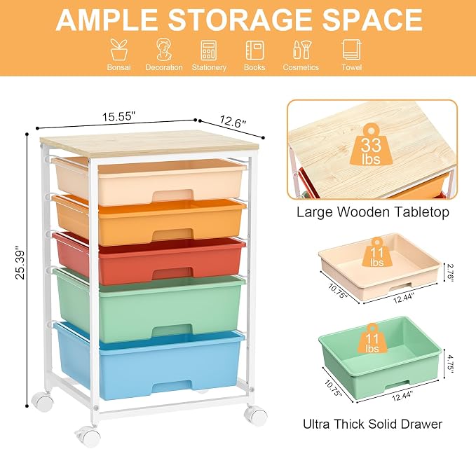 SYKIARIOL Utility Cart with Drawers,5 Drawers Storage Cart,Macaron | 5-Tiers Storage Cart with Drawers with Lockable Wheels for Craft Organizers and Storage,Home Office,Classroom,Dorm,Playroom