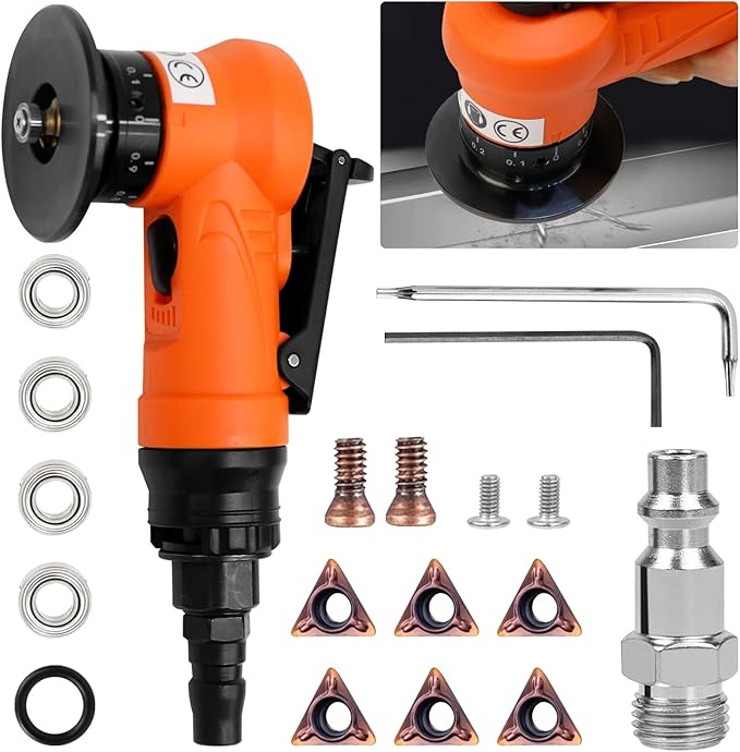 2 in 1 Mini Pneumatic Chamfering Machine, 45° Arc Corner Beveling Trimming Deburring Machine 30000RPM Handheld Chamfering Air Chamfer Tool with 1/4 Inch Air Inlet (R Angle Blades,Orange)