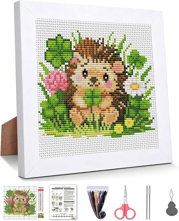 Hedgehog Clover Stamped Cross Stitch Kits for Beginners Adults with Framed | Flowers and Grasses Needlepoint Counted Cross Stitch Kits for Beginners Adults Embroidery Kits Arts and Crafts 6 x 6 inch