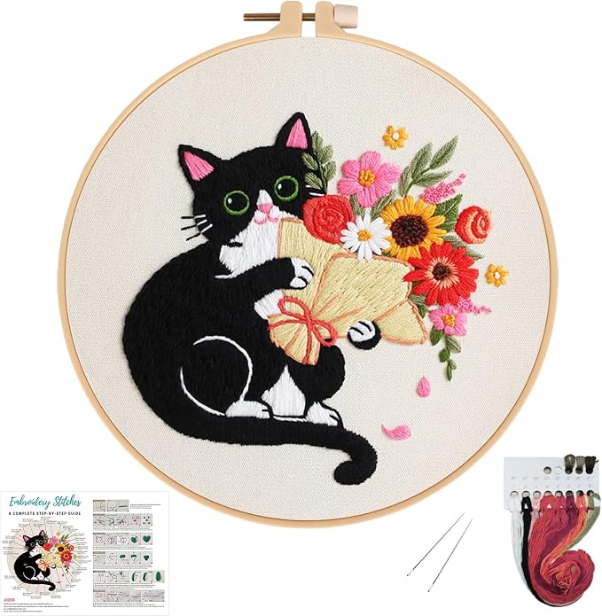 Nuberlic Embroidery Kits for Beginners with Cat and Flower Pattern | Cross Stitch Starter Craft Kits for Adults Including Cloth with Pattern, Hoop, Needles Instruction and Threads