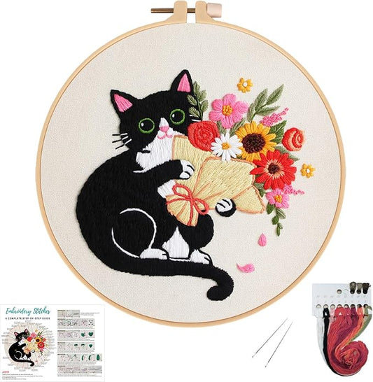 Nuberlic Embroidery Kits for Beginners with Cat and Flower Pattern | Cross Stitch Starter Craft Kits for Adults Including Cloth with Pattern, Hoop, Needles Instruction and Threads
