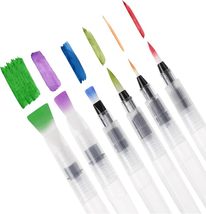 Mr. Pen- Watercolor Brush Pens, 6 pcs | 3 x Point Tips and 3 x Flat Tips Styles, Nylon Bristles, Refillable Watercolor Pens for Acrylic, Gouache, Crayons
