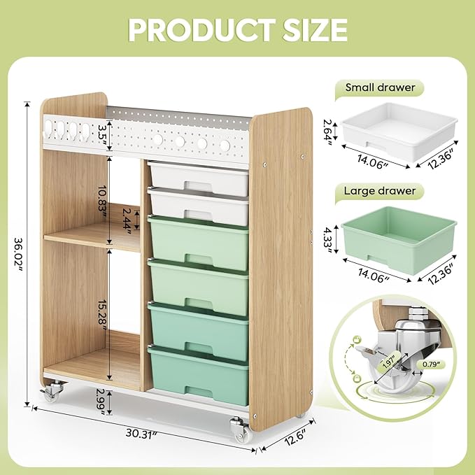 Rolling Craft Cart with 6 Drawers, Pegboard and Locking Wheels Green