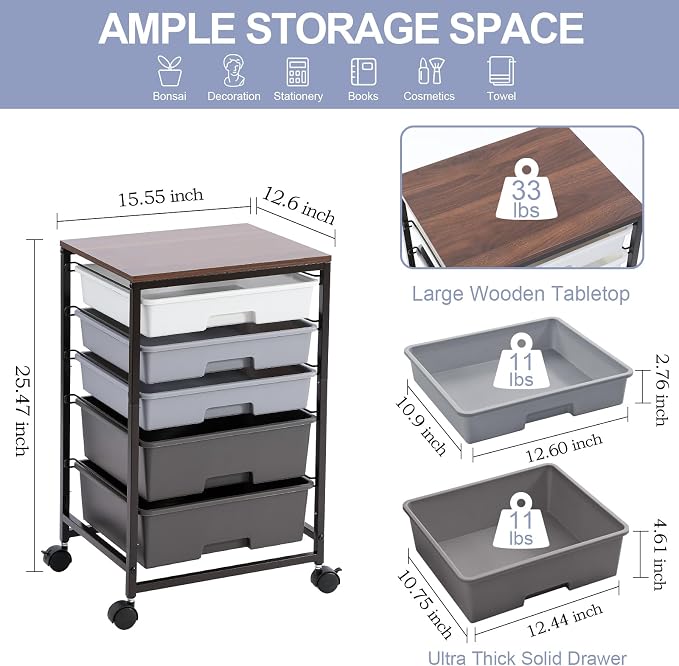 SYKIARIOL Utility Cart with Drawers,5 Drawers Storage Cart,Dark Grey | 5-Tiers Storage Cart with Drawers with Lockable Wheels for Craft Organizers and Storage,Home Office,Classroom,Dorm,Playroom