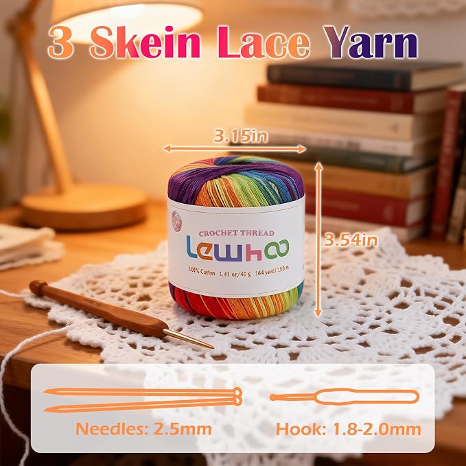 Crochet Thread Size 3, 3 Pack 100% Cotton Lace Yarn Set Rainbow