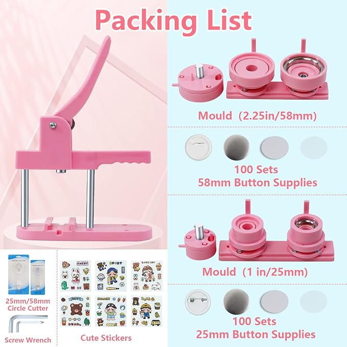 Happizza Button Maker Machine Multiple Sizes, Pin Maker Machine 1+2.25 inch, Badge Button Press Machine with Cute Stickers and 200 Sets Button Making Supplies&Circle Cutter for Girls Women(Pink)
