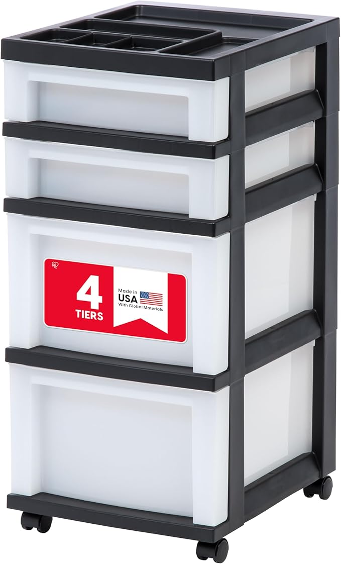 IRIS USA 4-Drawer Rolling Storage Cart with Organizer Top, Black/Pearl