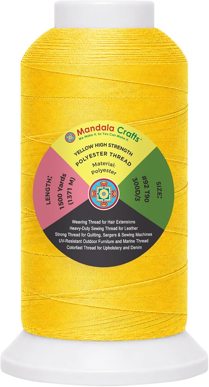 Mandala Crafts Yellow Tex 90 Polyester Heavy Duty Thread for Upholstery | 1500 Yds T90 UV Resistant Strong Thread for Leather Sewing, Marine, Drapery, Jeans, Hair Weaving & Extension, Outdoor
