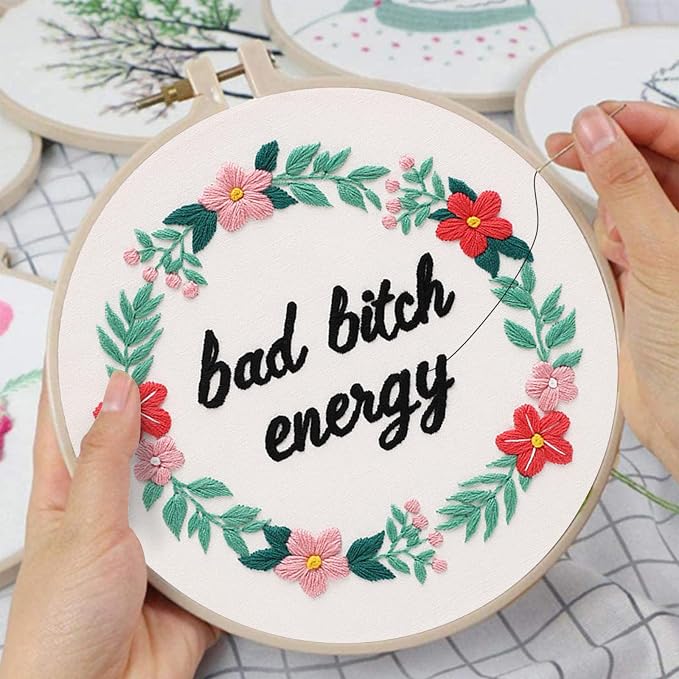 Louise Maelys 3 Pack Funny Quote Embroidery Kit for Beginners Floral | Cross Stitch Kits Include Pre-Printed Fabric, Embroidery Hoop, Threads, Needles and Guide. Needlepoint Kit for Beginners