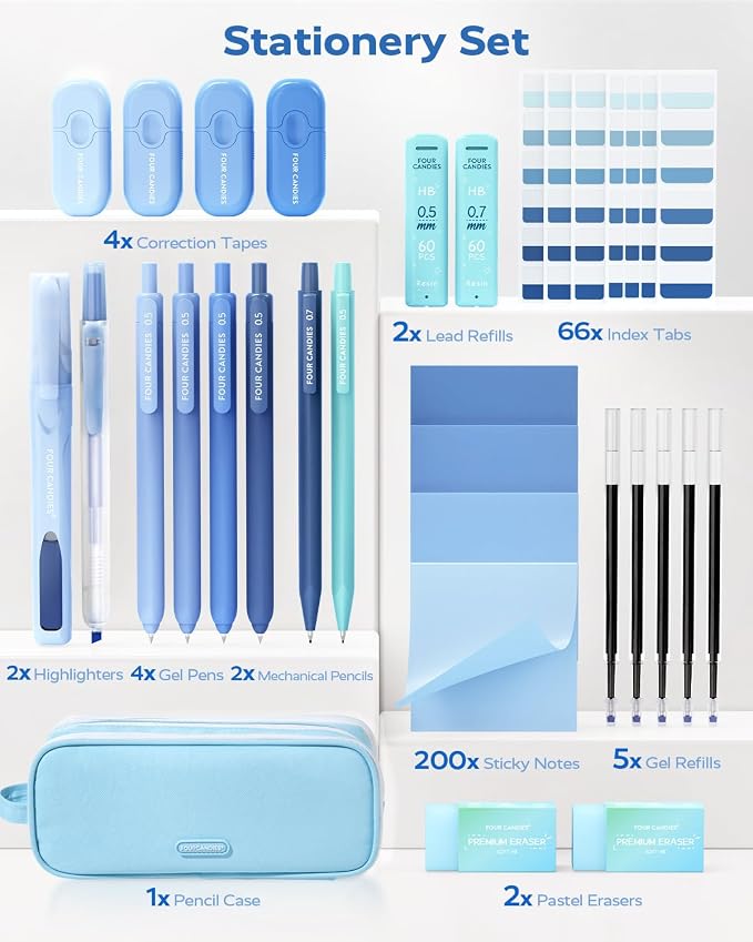 Four Candies Aesthetic School Supplies Kit with Cute Blue Pencil Case