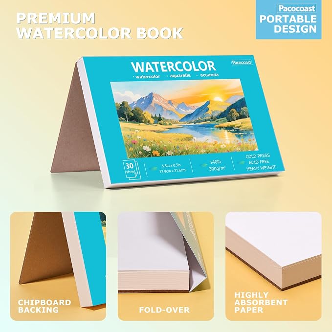 Pacocoast 5.5"x8.5" Bulk Watercolor Pad, Pack of 3 (90 Sheets) 140lb/300gsm