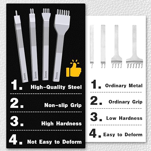 Leather Stitching Punch Hole Punch Tool Set, 3mm 1/2/4/6 Prong Punch Chisel
