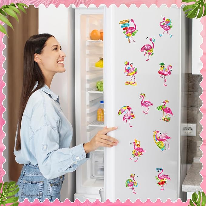 Zonon 12 Pcs Summer Flamingo Diamond Art Magnets DIY Fridge Decor | Beach Tropical Theme with Colorful Rhinestones, Hawaiian Party Sign, Magnetic for Refrigerator Cabinets Lockers Decor