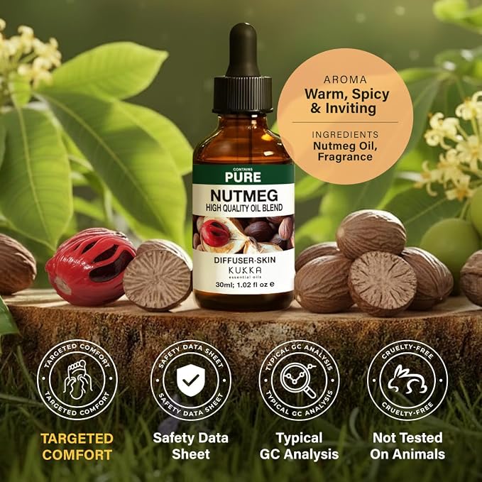 Kukka 100% Pure Nutmeg Essential Oil for Skin, Diffuser, 1.02 Fl Oz | Nutmeg Oil for Massage, Focus & DIY, Warm Spicy Aroma for Mental Clarity & Comfort