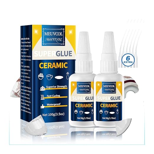 Meuvcol Ceramic Glue Repair Kit, 100g - Super Glue for Porcelain and Pottery, Cyanoacrylate for Mug, Figurines, Dishes, Plates, Teapot - Waterproof, No Smell