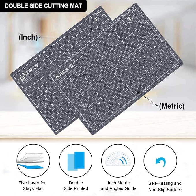 Headley Tools 18"x12" Thickened Self Healing Cutting Mat, A3 Rotary Cutting Sewing Mat for Crafts, Double Sided 5-Ply Table Cutting Board for Fabric Quilting Leather Arts Hobby Project, Grey