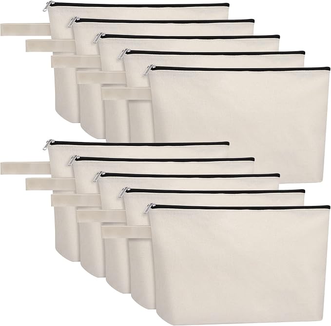 10 Pieces Cotton Canvas Makeup Bag with Bottom, Multi-Purpose Cosmetic Bag with Zipper Travel Toiletry Pouch, Blank DIY Craft Bag Pencil Bag (L, White) (MN-WB07)