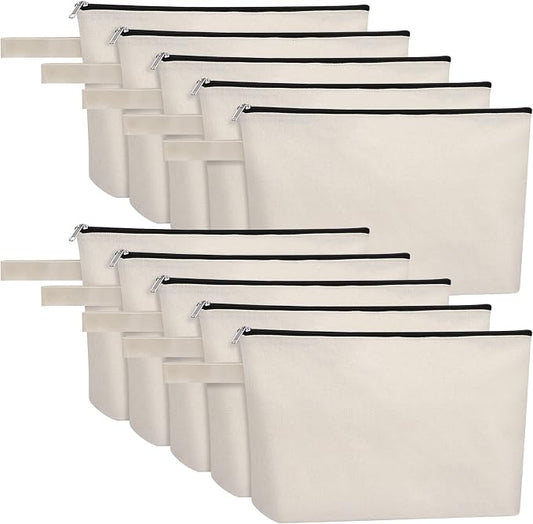 10 Pieces Cotton Canvas Makeup Bag with Bottom, Multi-Purpose Cosmetic Bag with Zipper Travel Toiletry Pouch, Blank DIY Craft Bag Pencil Bag (L, White) (MN-WB07)