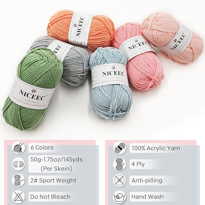 NICEEC 300g Soft Assorted Colors Yarn 100% Acrylic 870yds -Series 10