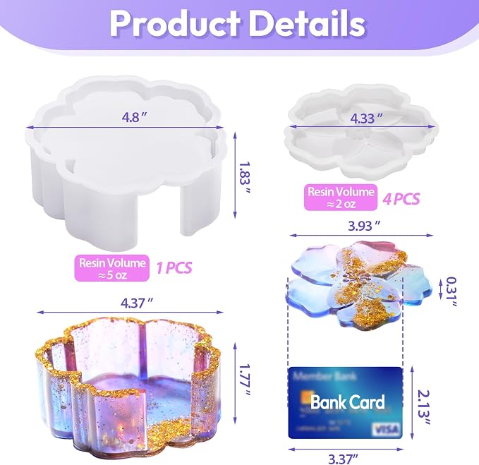 HeyClear 5Pcs Coaster Silicone Resin Molds, Flower Coaster Epoxy Resin Molds with Holder Mold, Resin Casting Molds for Table Coasters, Home Decoration and DIY Art Crafts