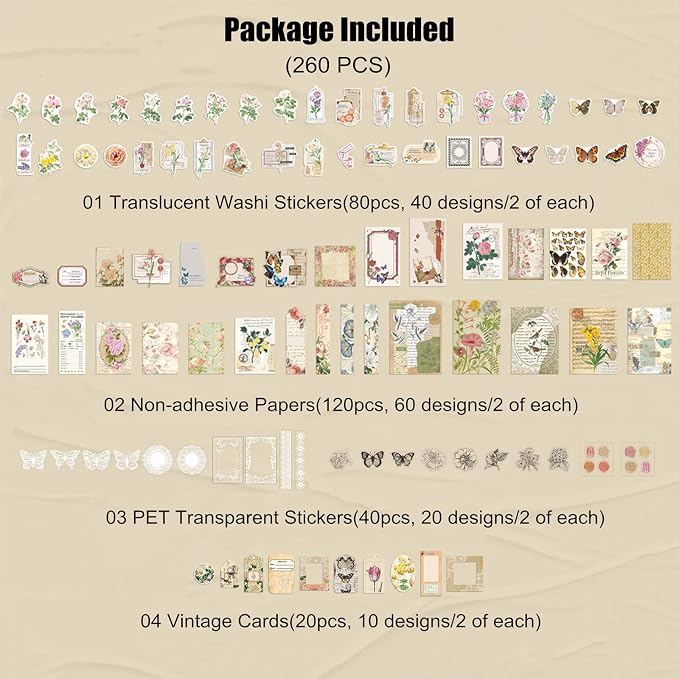 Esweny 260PCS Vintage Journaling Scrapbooking Supplies Scrapbook Sticker Paper Ephemera Pack for Junk Journal Planners Collage Craft Notebooks Album (Flowers and Butterflies)