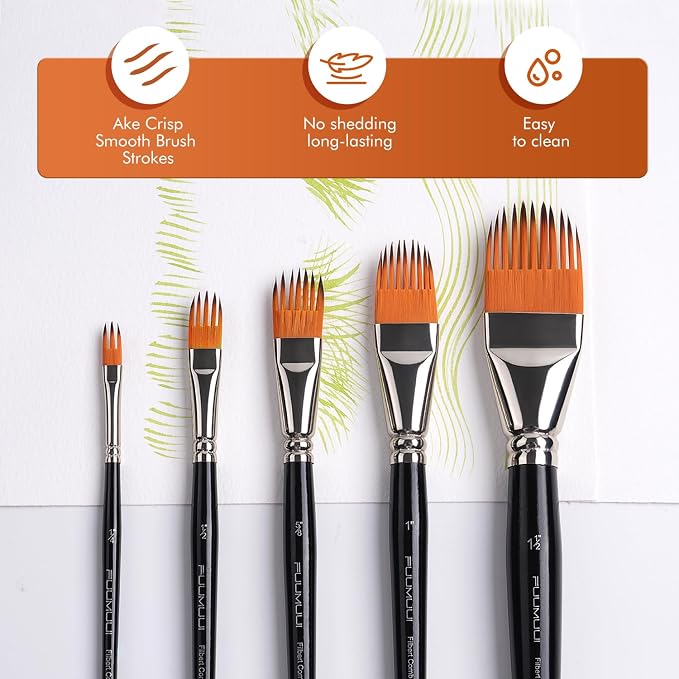 Fuumuui 5-PC Grainer Brush Set for Wood Grain, Fur & Grass Textures Professional Filbert Paint Brush Comb for Acrylic, Watercolor, Oil Painting Artist & Beginner Friendly