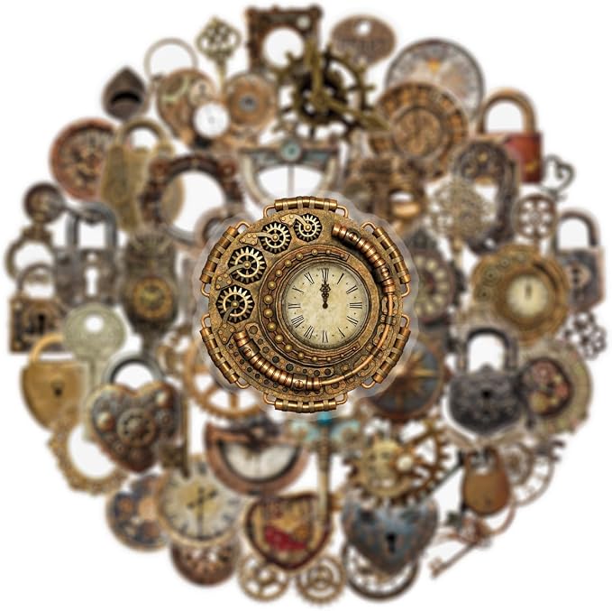50PCS Vintage Steampunk Stickers, Waterproof PET Retro Old Gadgets Decals for Scrapbooking, Skateboard, Laptop, Phone Case, Luggage, Water Bottle - Aesthetic Decor for Teens, Adults, Boys, Girls