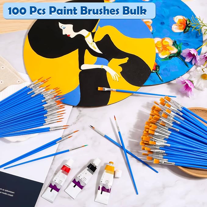 Small Paint Brushes Bulk, Anezus 100 Pcs Flat and Round Pointed Brushes Craft Paint Brushes for Classroom Watercolor Canvas Face Painting
