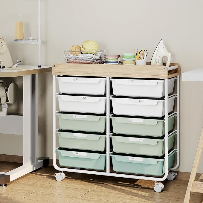 10 Drawer Rolling Storage Cart with Wood Top for Classroom Crafts Green | Easy Setup, Large Capacity, Sturdy Build, Lockable Mobility, For office, classroom and home supplies