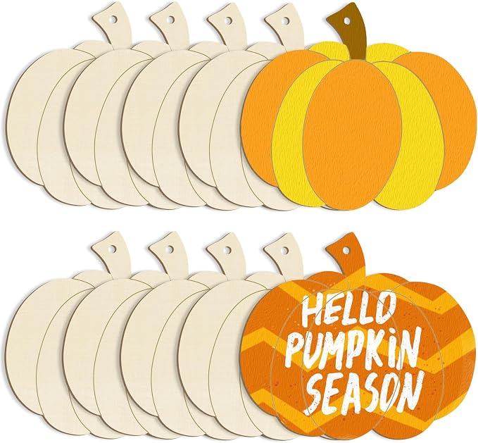 Large Size 7inch Wooden Halloween Thanksgiving Ornaments to Paint,Pumpkin Cutouts Unfinished DIY Blank Unfinished Pumpkin Wood Discs Ornament for Crafts Hanging Autumn Decorations 10PCS