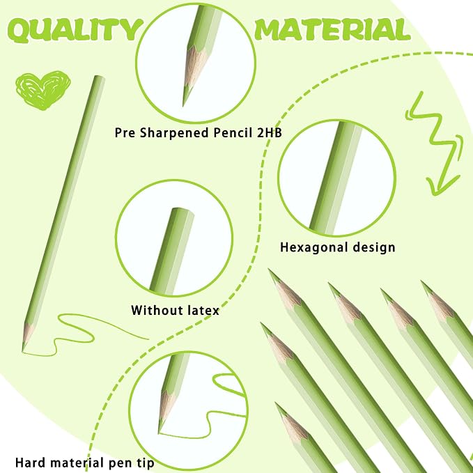 24 PCS Macaron Green Colored Pencils Pre Sharpened Pencil 2 HB - Ideal for Checking, Grading, Tests & Office/School Supplies