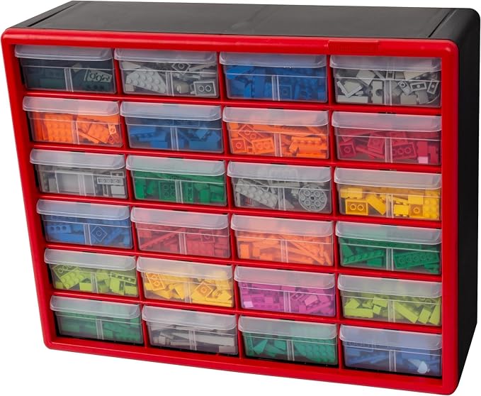 Akro-Mils 24-Drawer Plastic Storage Cabinet, 20"W x 6"D x 16"H, Red | Plastic Cabinet w/ Drawers for Garage Organization, Beads, Building Bricks Storage, Teacher Toolbox, Makeup Organizer, 10124