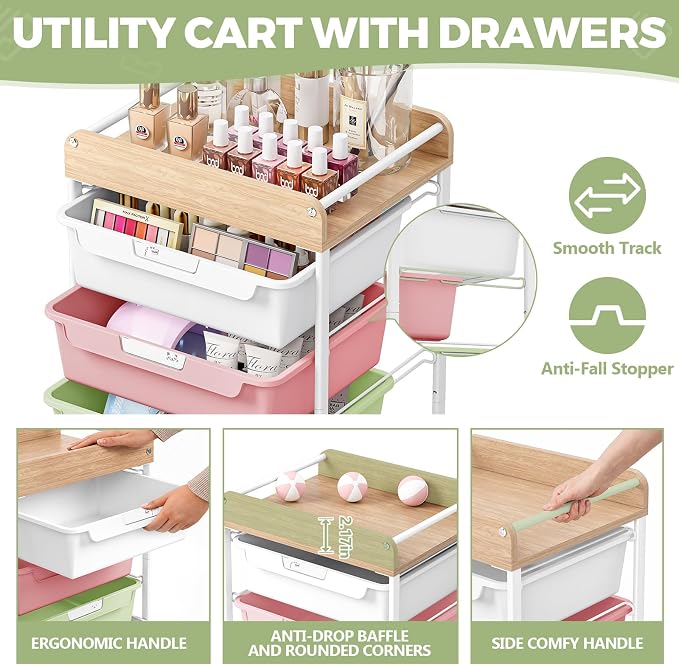 SYKIARIOL Utility Cart with 5 Labeling Drawers and Wooden Tabletop | Rolling Storage Cart for Crafters, Artists, Kids, Teachers, and Students – Organize Arts, Crafts, Sewing & Study Supplies