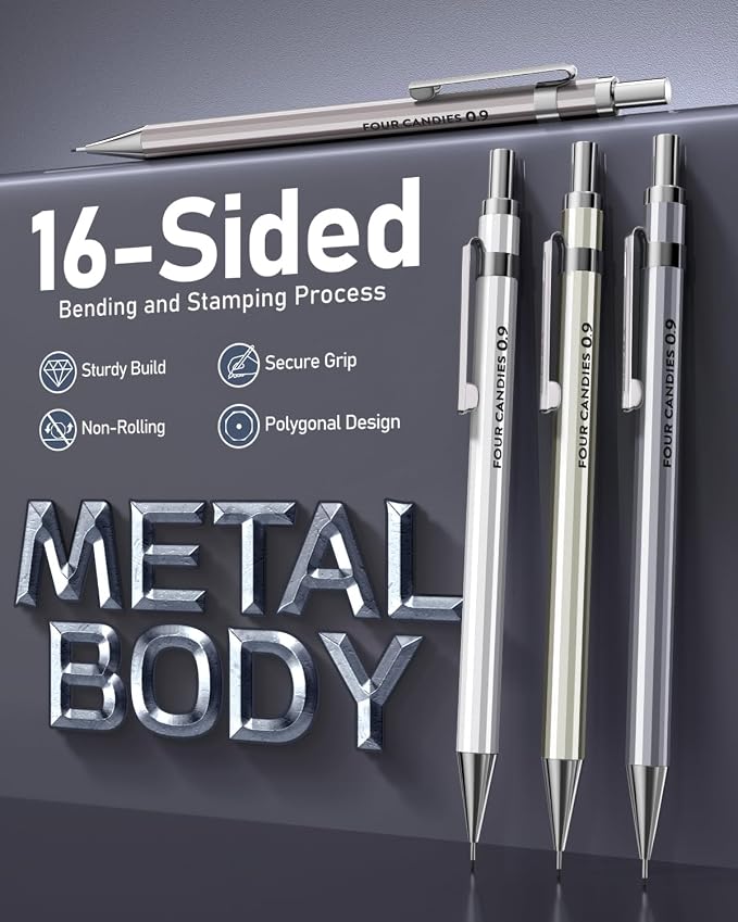 Mechanical Pencil Set, 0.9mm 4-Pack with Case, Metal Body, Break-Resistant