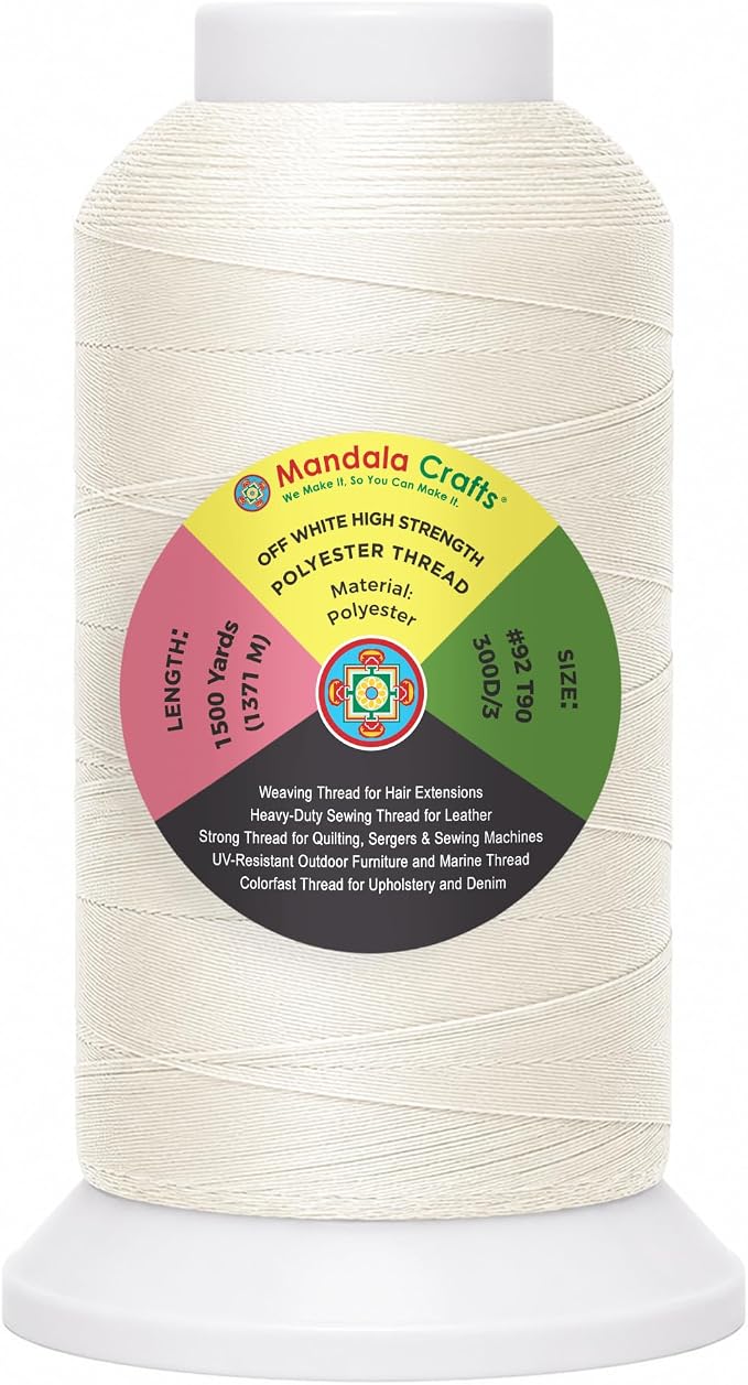 Mandala Crafts Off White Tex 90 Polyester Heavy Duty Thread for Upholstery | 1500 Yds T90 UV Resistant Strong Thread for Leather Sewing, Marine, Drapery, Jeans, Hair Weaving & Extension, Outdoor