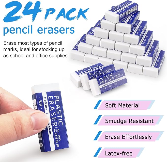 Tamaki Erasers, Large, White, 24 Pack | Erasers for School Office, Art Eraser for Drawing