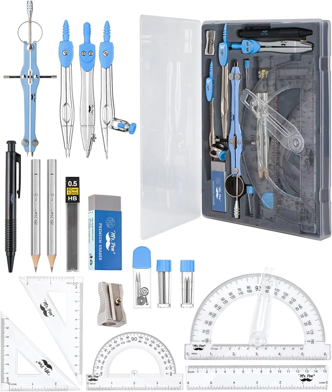 Mr. Pen- Geometry Set, 15 pcs, Blue, 6 Inch Swing Arm Protractor, Divider | Set Squares, Ruler, Compasses and Protractor