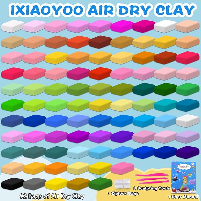Ixiaoyoo Air Dry Clay, 92 Colors Foam Modeling Clay for School Projects