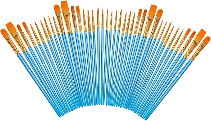 Soucolor 40-Pc Paint Brushes, Round Tip, Acrylic Oil Watercolor, Blue | 40pcs, 10 sizes, soft nylon bristles, nickel ferrules, blue wood handles — ideal for acrylic, oil, face, nail & rock art.