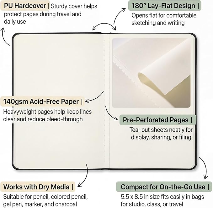 Hardcover Sketch Book 5.5 x 8.5 In, 40 Sheets, 140Gsm Drawing Paper