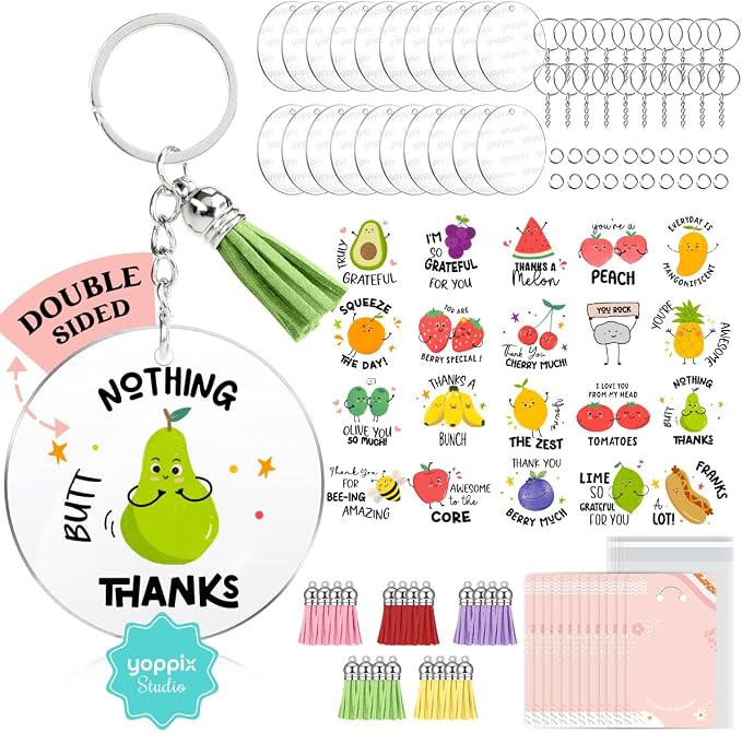 YOPPIX 140 PCS Acrylic Keychain Blank Set, Fruit Double-Sided UV DTF Stickers Acrylic Keychain Making Kits for Vinyl DIY Craft Project