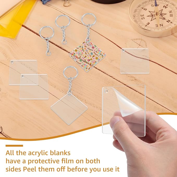 Acrylic Keychain Blanks Set Including 20Pcs Square Clear Acrylic Blanks with Hole 20 Key Chain Rings and 20 Open Jump Rings Clear Ornament Blanks for Keychains DIY Craft Jewelry Labels Gifts Packaging