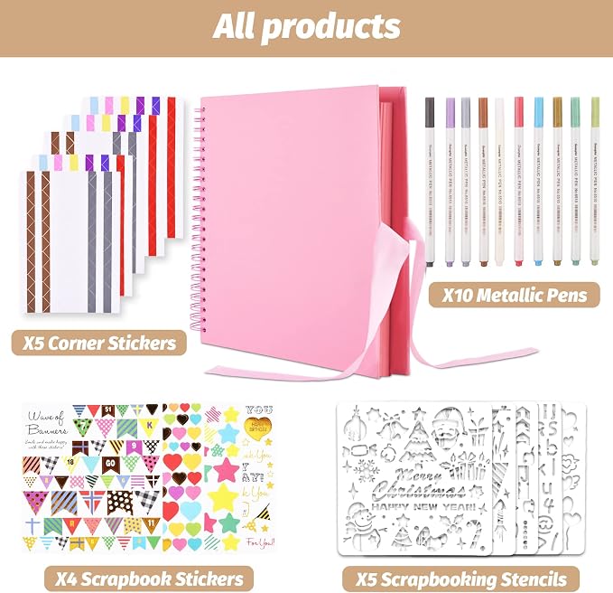 GOTIDEAL 12 x 12 Inch Scrapbook Album with 10 Metallic Markers, Pink | 80 Pages Craft Paper Photo Album for Wedding and Anniversary, Family DIY Photo Album with Scrapbooking Stickers Corners