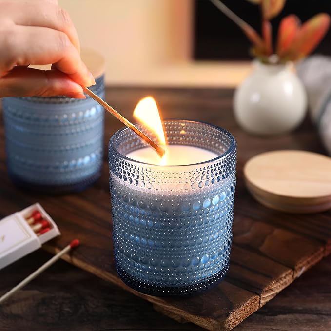 DARJEN 12 Pcs 10 oz Glass Candle Jars with Lids, Candle Container Tins-Blue | Thick Wall Ribbed Glass, Airtight Wood Lids, The go to candle jar for DIY, thoughtful gifters, growing candle brands