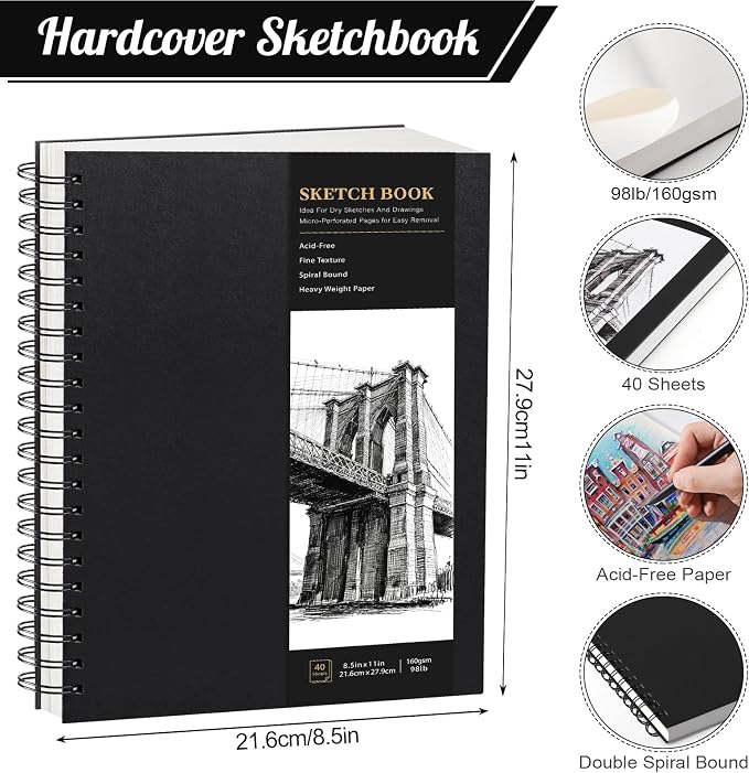 Hardcover Spiral Sketchbook, 160gsm Paper, 40 Sheets, 8.5 × 11 in | Acid-Free Thick Paper, 360° Lay-Flat Spiral Binding, Hardcover, for Pencil, Ink & Charcoal