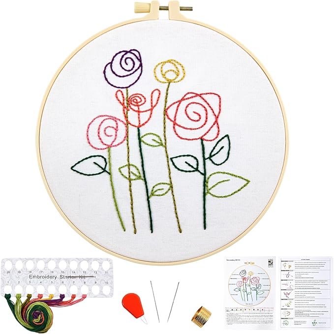 Easy Flower Embroidery Kits for Beginners Adults, Minimalism Embroidery Starter Kits, Counted Cross Stitch Kits for Beginners Adults Hobbies Set for Women, Embroidery Hoops, Thread and Video Tutorial